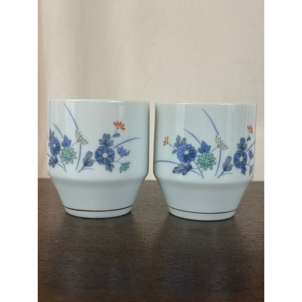 VTG Set TWO (2) Otagiri OMC Japan Porcelain Sake Tea Cups Blue Chrysanthemums